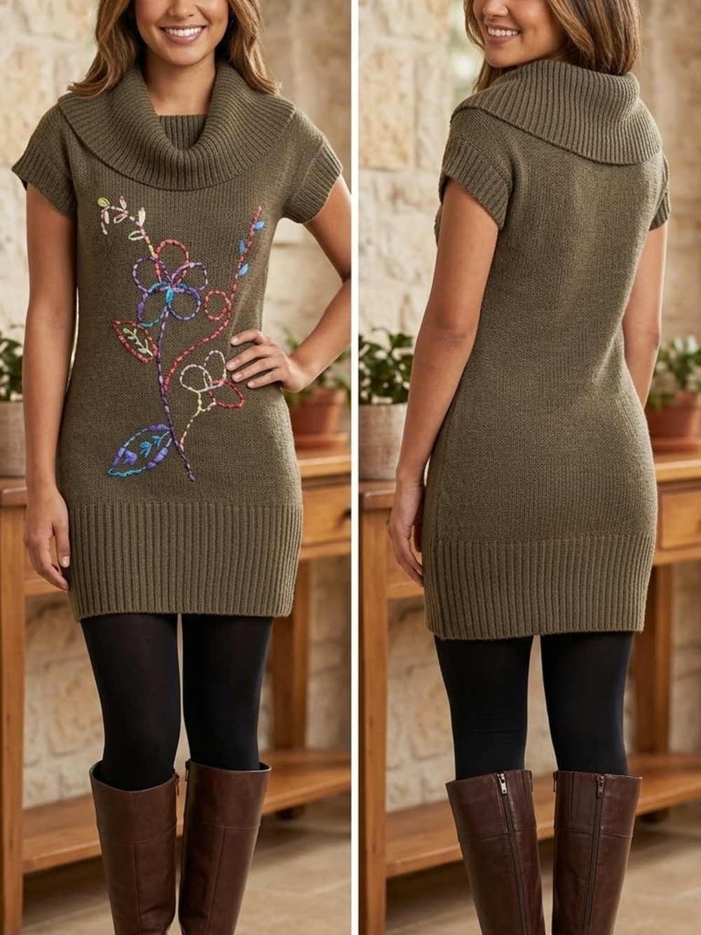 Lot of 2 Forla Paris Floral Embroidered Cowl Neck Sweater Dresses Black & Brown